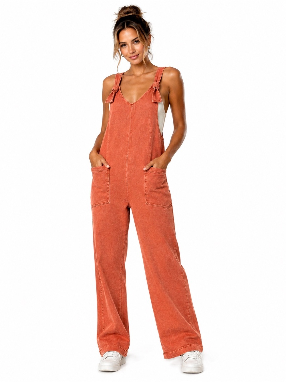 Zenana Outfitters Rust Orange Wide‑Leg Denim Overalls